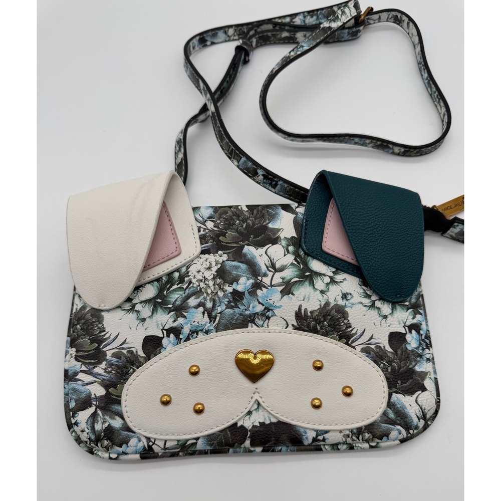 Betsey Johnson Floral Puppy Face Crossbody Bag Blue White Heart Nose Studded